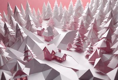 The primary subject of the image is a paper cutout of a snowy village with houses and trees. The setting is a pink background, which adds a warm and cozy atmosphere to the scene. The visual style is a combination of digital art and illustration, as the paper cutout is intricately designed and crafted. The colors and mood of the image are predominantly white and pink, giving it a serene and peaceful appearance.